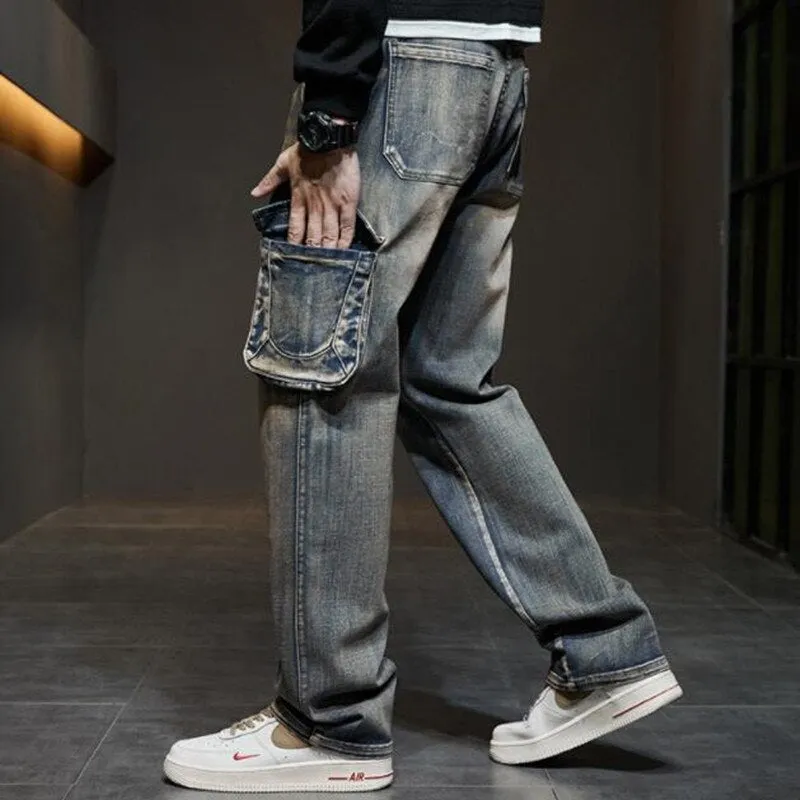 Men's Hip Hop Casual Mid-Waist Straight Leg Baggy Denim Trousers