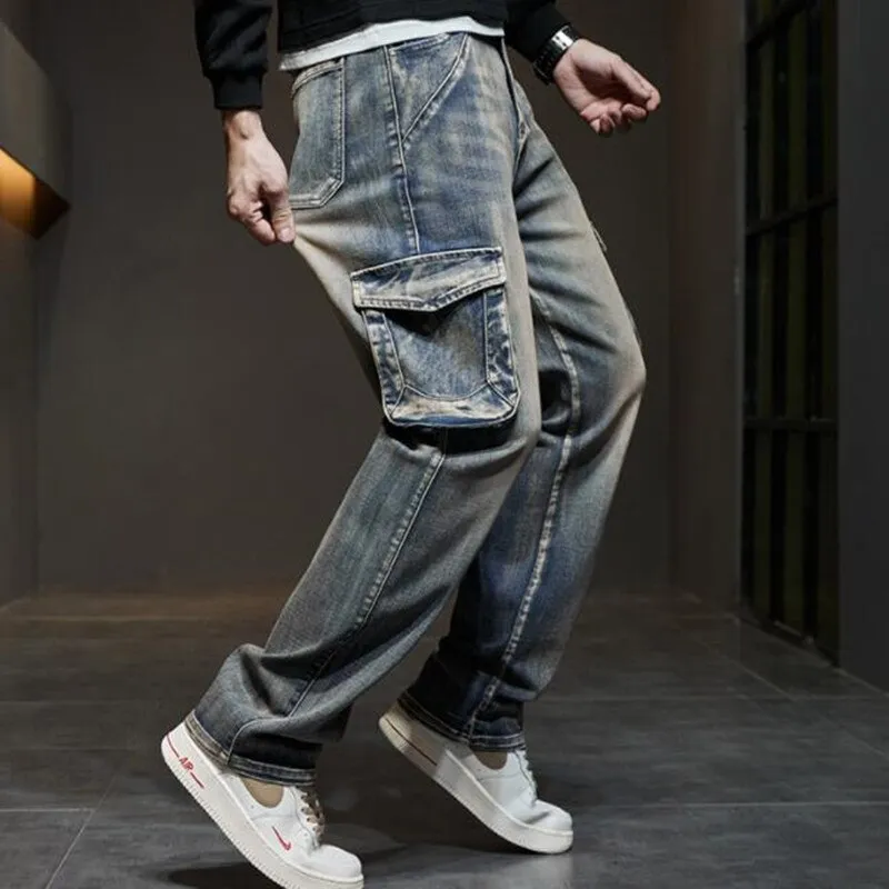 Men's Hip Hop Casual Mid-Waist Straight Leg Baggy Denim Trousers