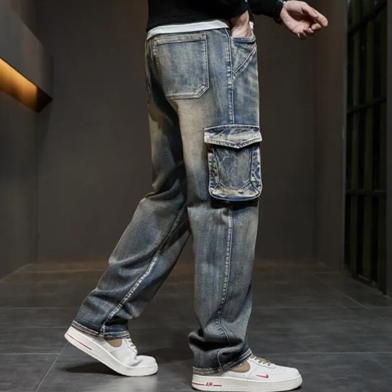 Men's Hip Hop Casual Mid-Waist Straight Leg Baggy Denim Trousers