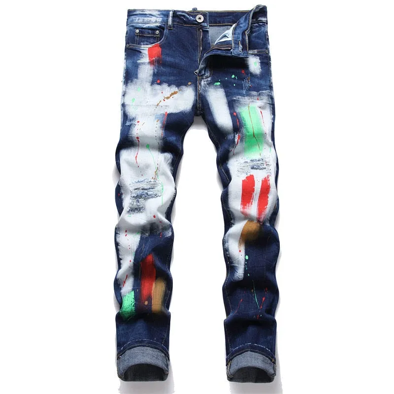 Men's Punk Style Paint Printed Mid Waist Ripped Denim Skinny Jeans Pants