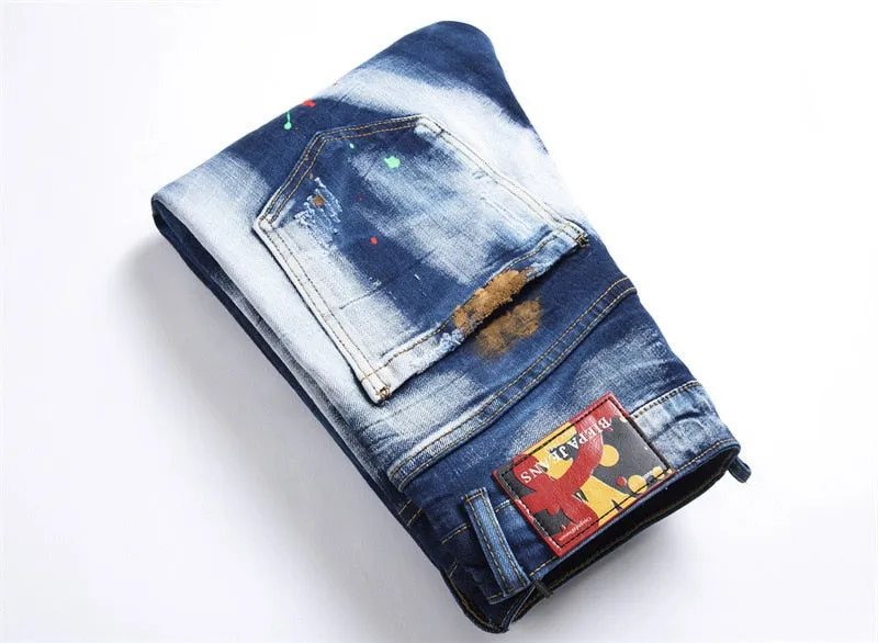 Men's Punk Style Paint Printed Mid Waist Ripped Denim Skinny Jeans Pants