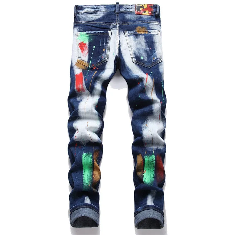 Men's Punk Style Paint Printed Mid Waist Ripped Denim Skinny Jeans Pants