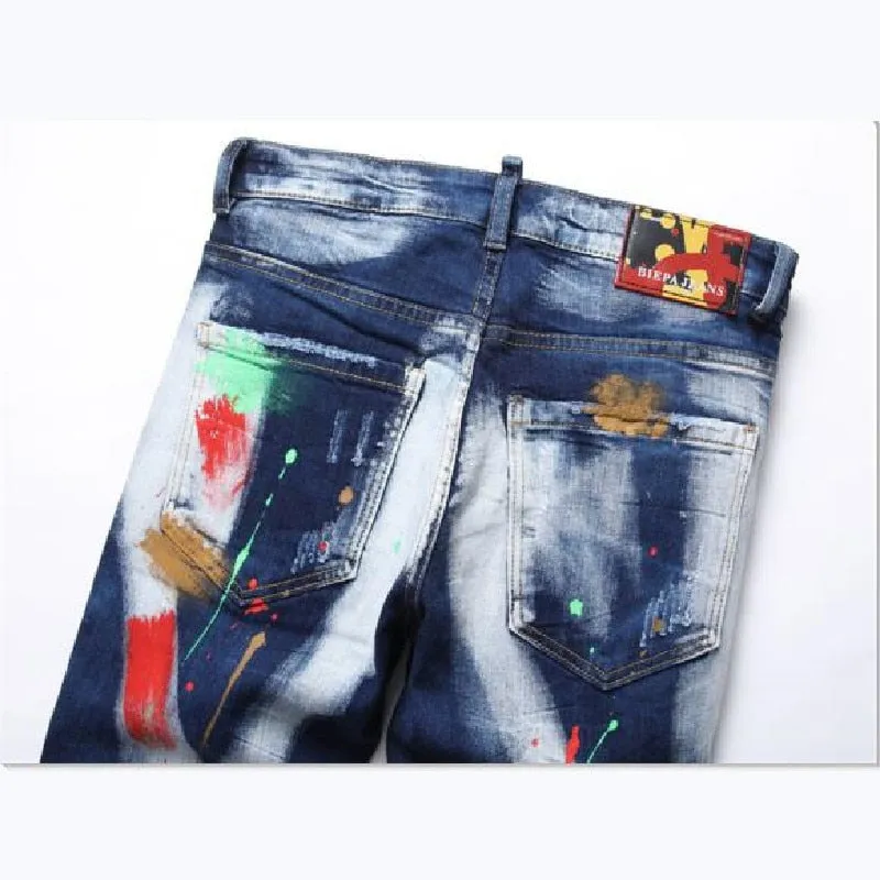 Men's Punk Style Paint Printed Mid Waist Ripped Denim Skinny Jeans Pants