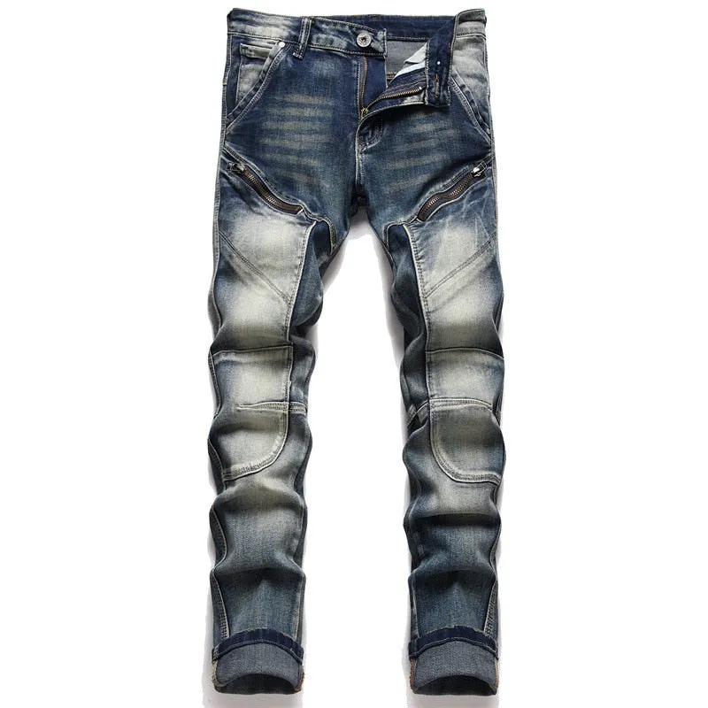 Men's Punk Style Patchwork Mid-waist Taper Fit Leisure Skinny Jeans Pants