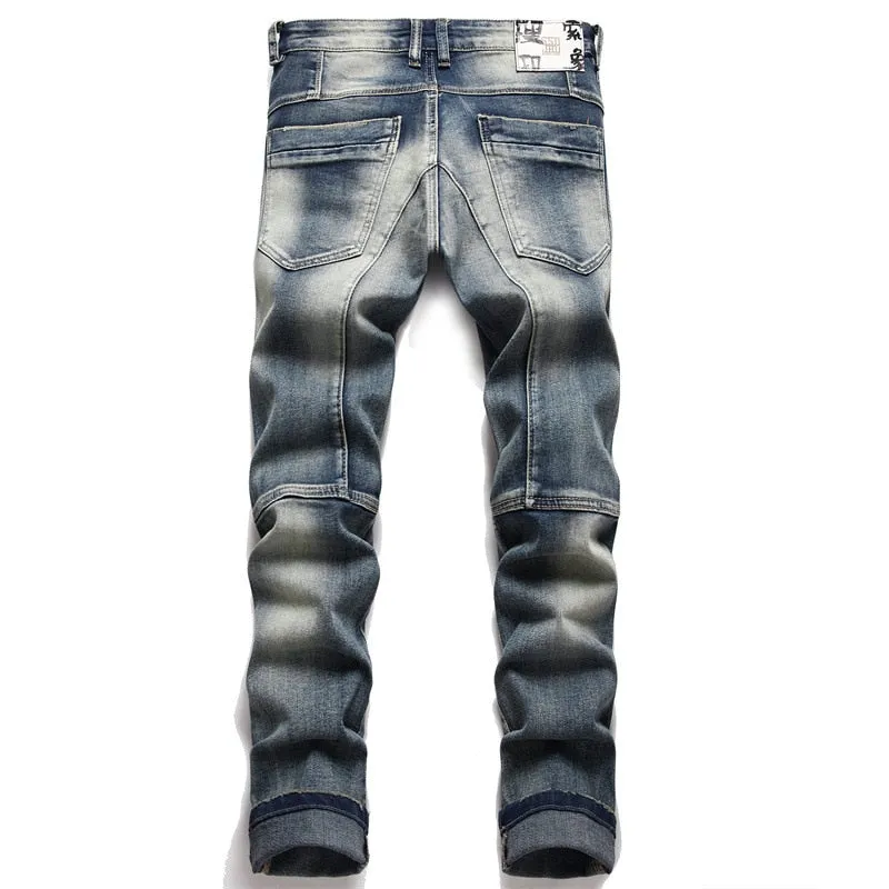 Men's Punk Style Patchwork Mid-waist Taper Fit Leisure Skinny Jeans Pants