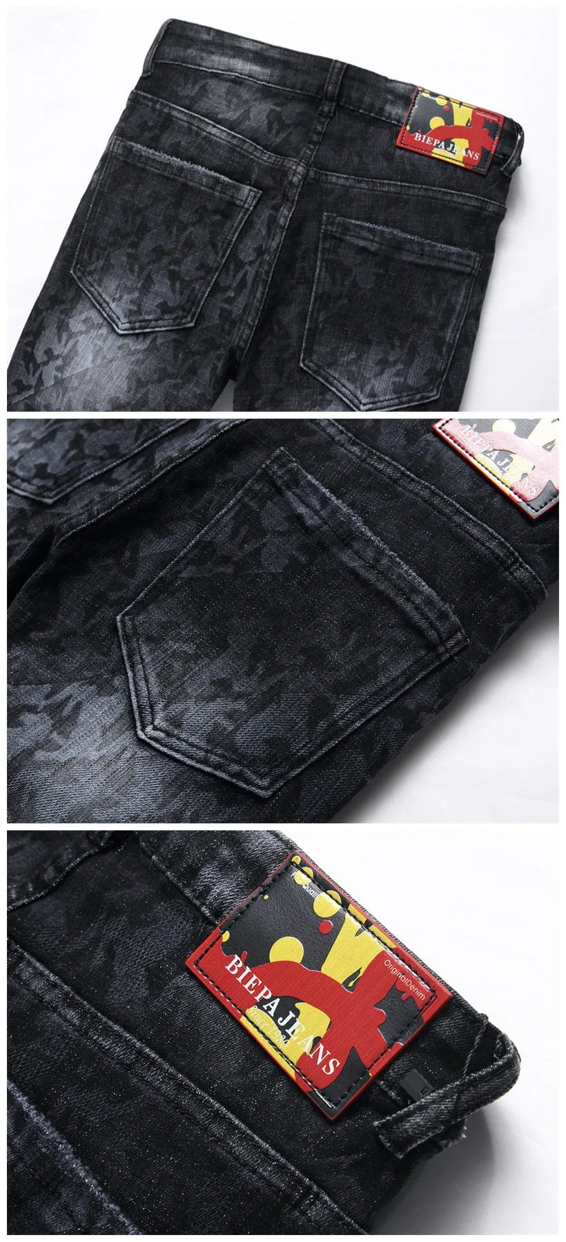 Men's Punk Style Printed Pattern Mid-waist Slim Denim Skinny Pants