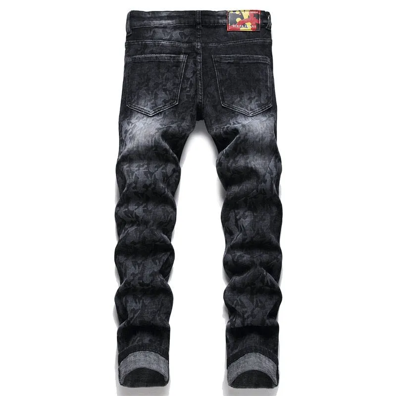 Men's Punk Style Printed Pattern Mid-waist Slim Denim Skinny Pants