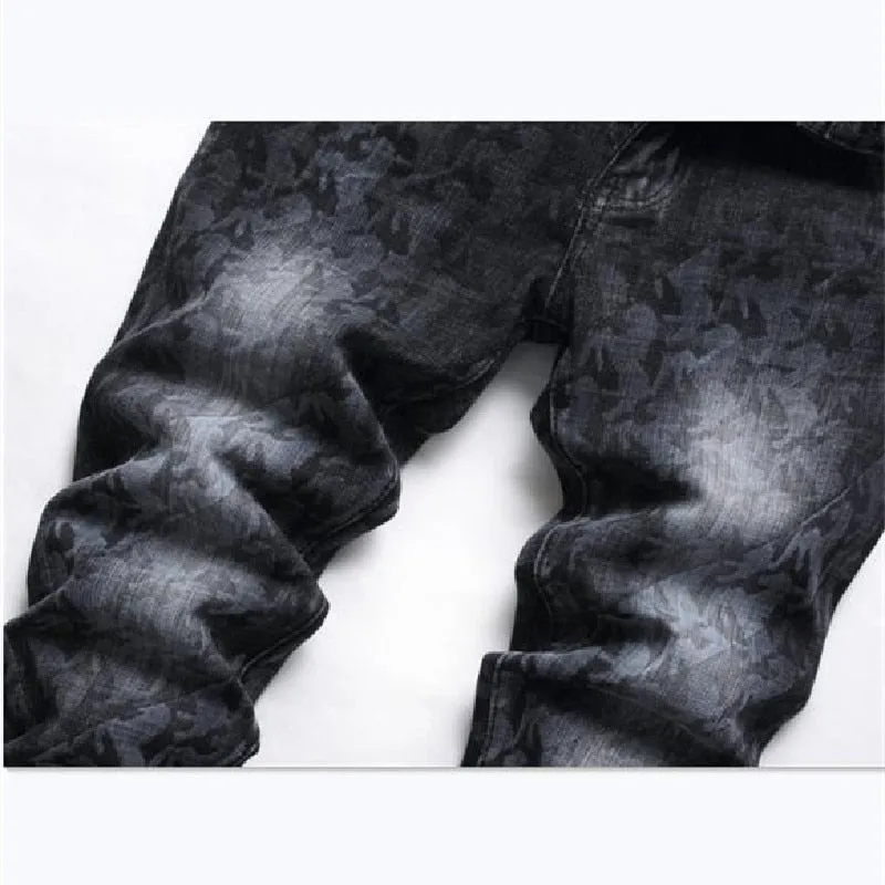 Men's Punk Style Printed Pattern Mid-waist Slim Denim Skinny Pants