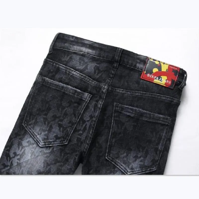 Men's Punk Style Printed Pattern Mid-waist Slim Denim Skinny Pants