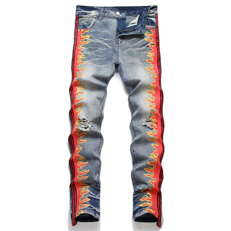 Men's Punk Style Ripped Side Printed Mid-waist Straight Leg Casual Jeans Pants