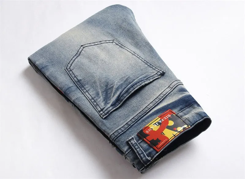 Men's Punk Style Ripped Side Printed Mid-waist Straight Leg Casual Jeans Pants