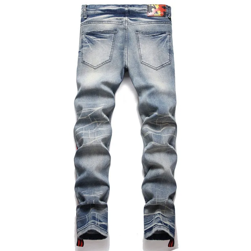 Men's Punk Style Ripped Side Printed Mid-waist Straight Leg Casual Jeans Pants