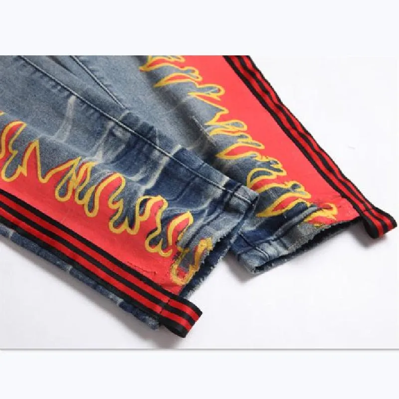 Men's Punk Style Ripped Side Printed Mid-waist Straight Leg Casual Jeans Pants