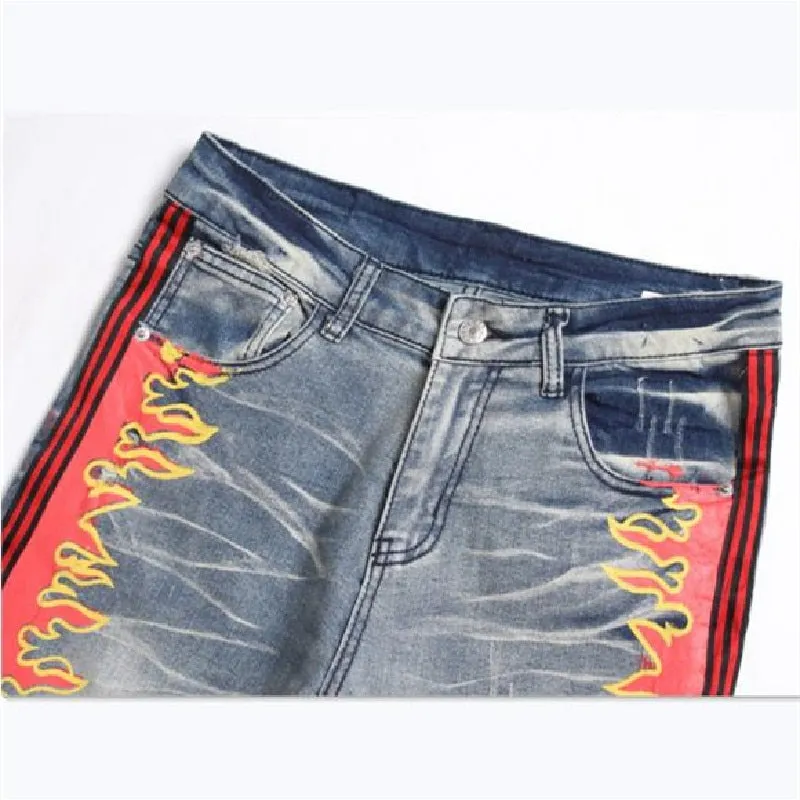 Men's Punk Style Ripped Side Printed Mid-waist Straight Leg Casual Jeans Pants