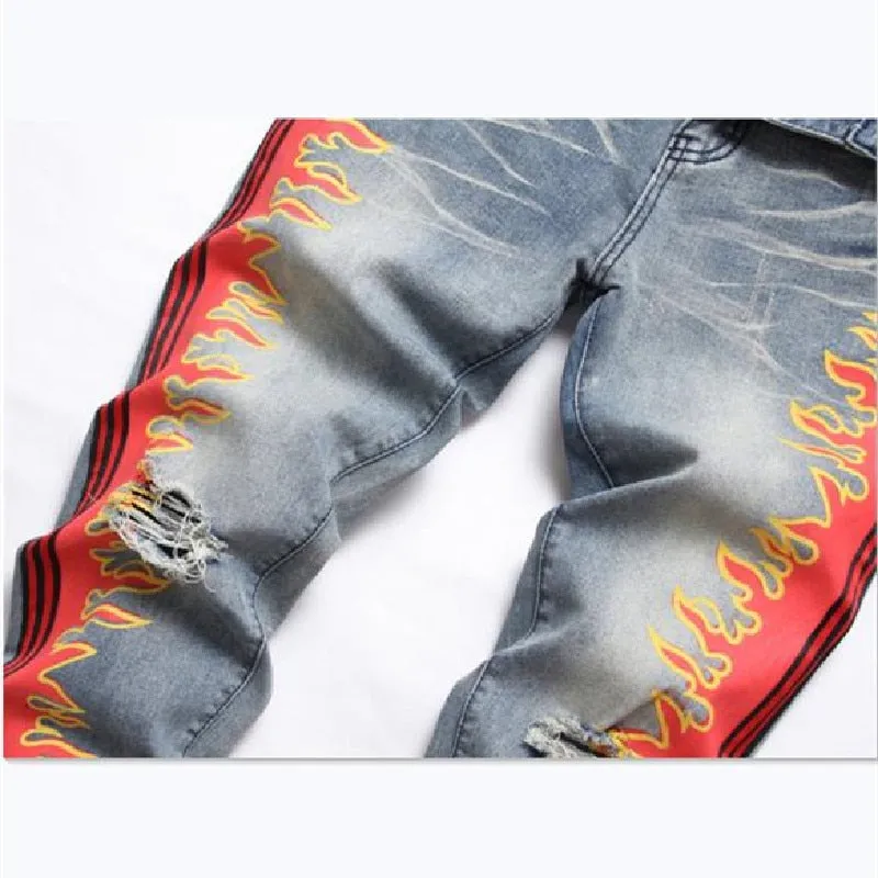 Men's Punk Style Ripped Side Printed Mid-waist Straight Leg Casual Jeans Pants