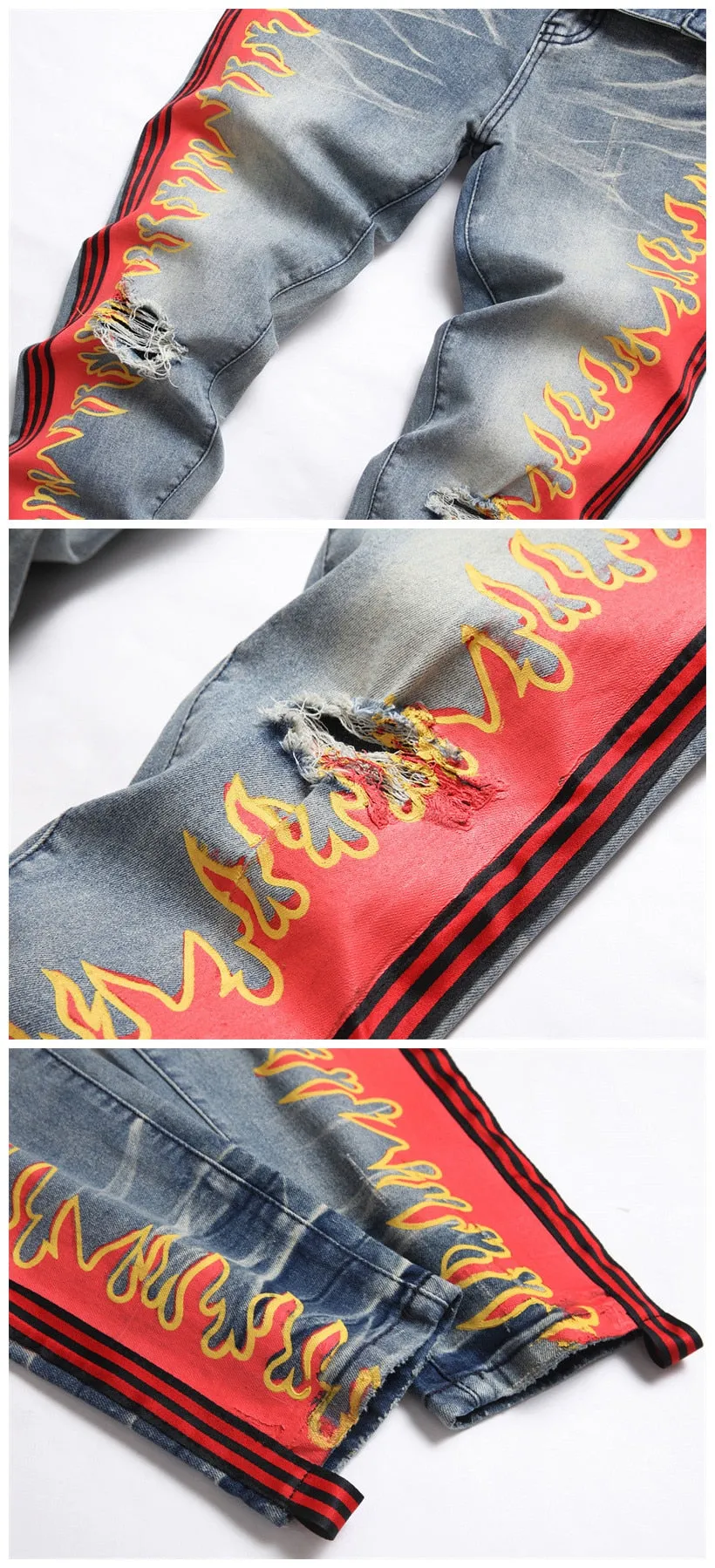 Men's Punk Style Ripped Side Printed Mid-waist Straight Leg Casual Jeans Pants