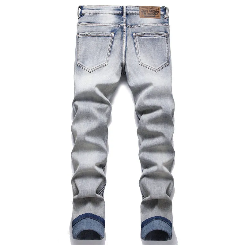 Men's Punk Style Solid Mid-waist Appliques Full-Length Skinny Jeans Pants