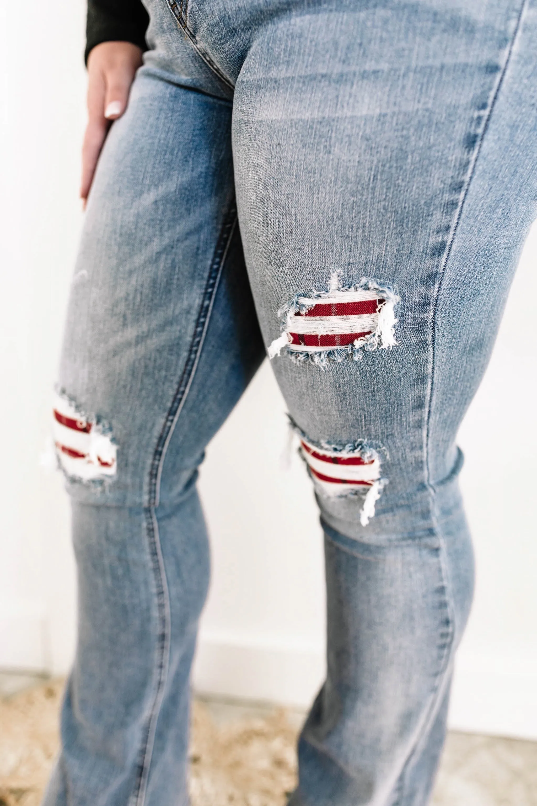 Mid Rise Bootcut Judy Blue Jeans With Plaid Patch Detail