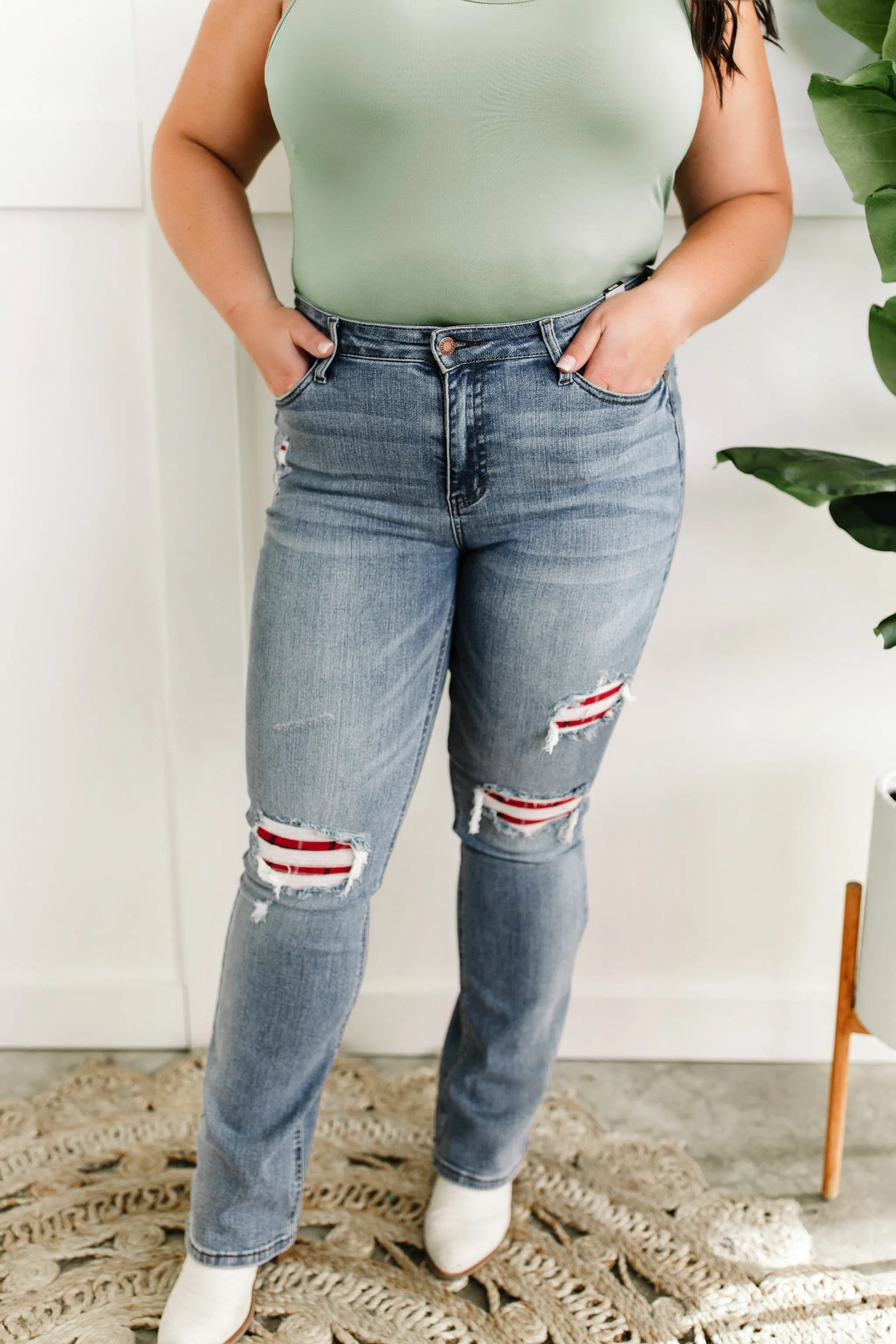 Mid Rise Bootcut Judy Blue Jeans With Plaid Patch Detail