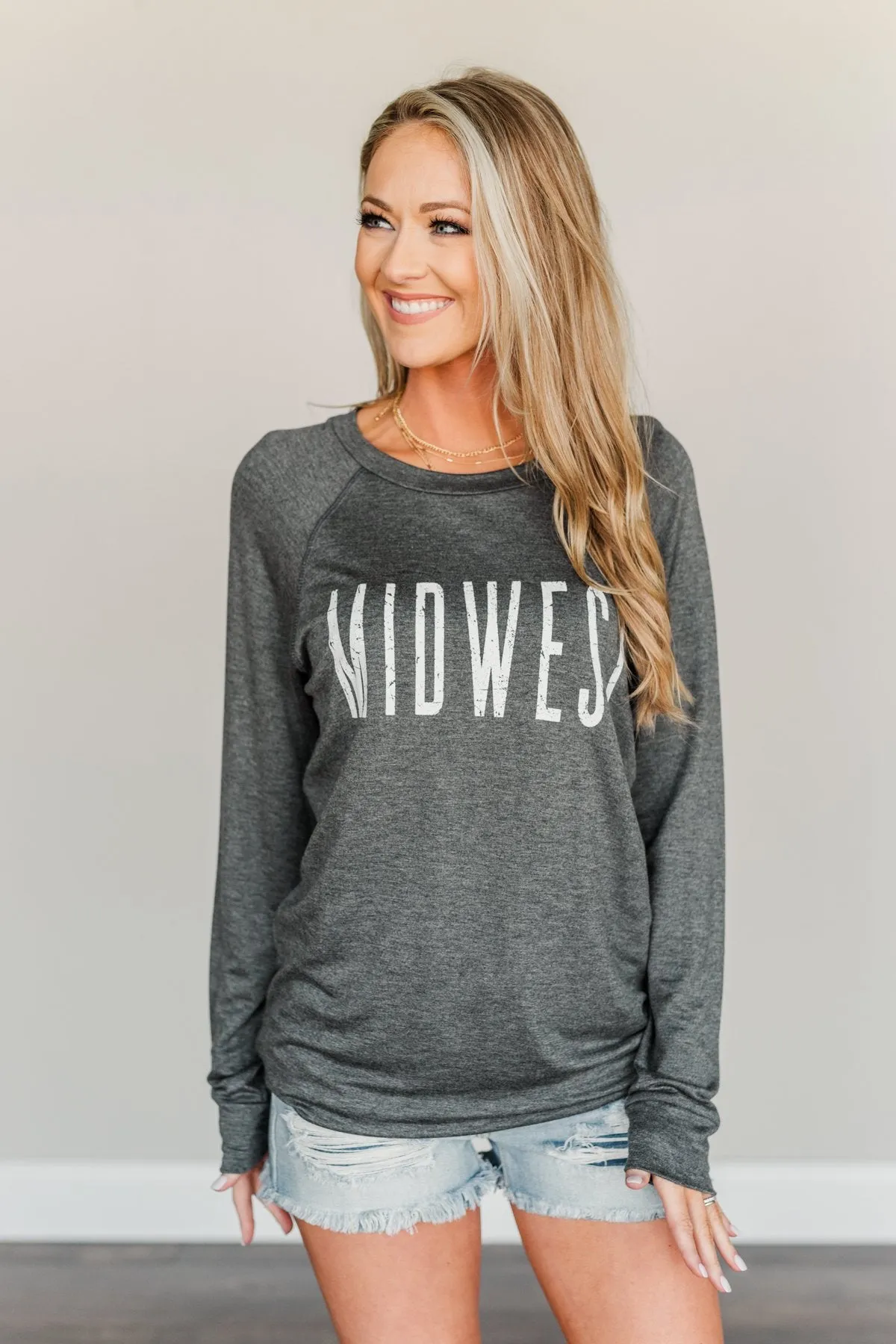 Midwest Long Sleeve Graphic Top- Charcoal