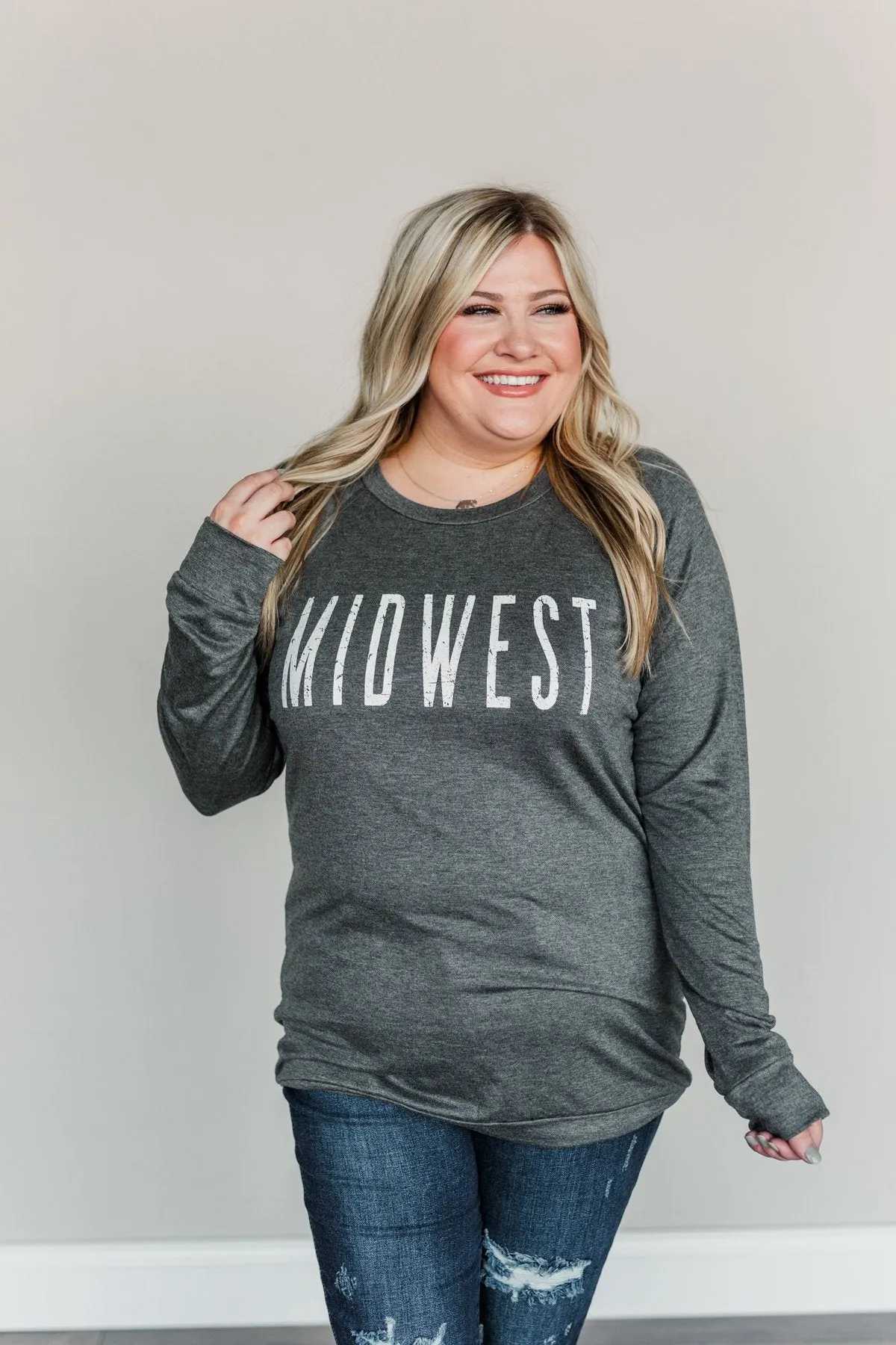 Midwest Long Sleeve Graphic Top- Charcoal