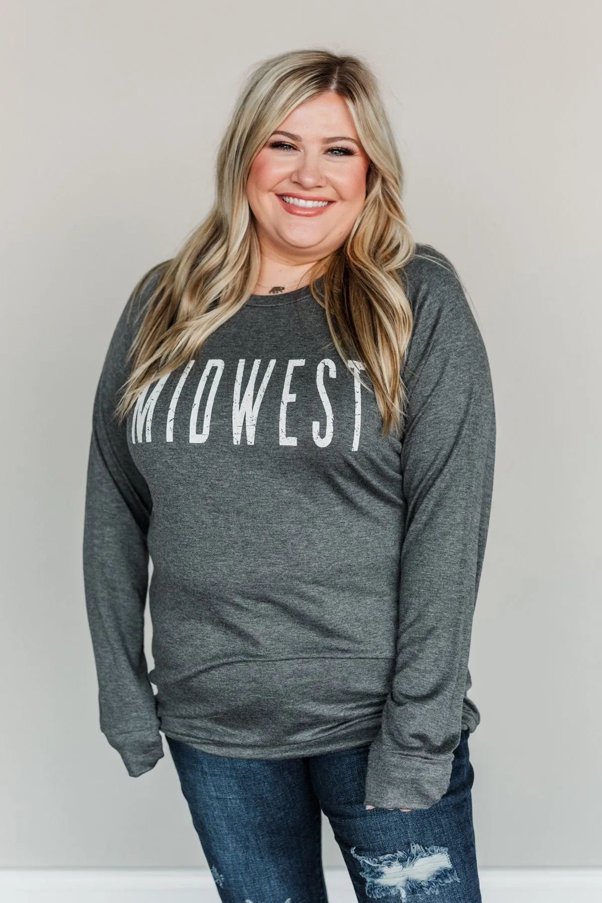 Midwest Long Sleeve Graphic Top- Charcoal