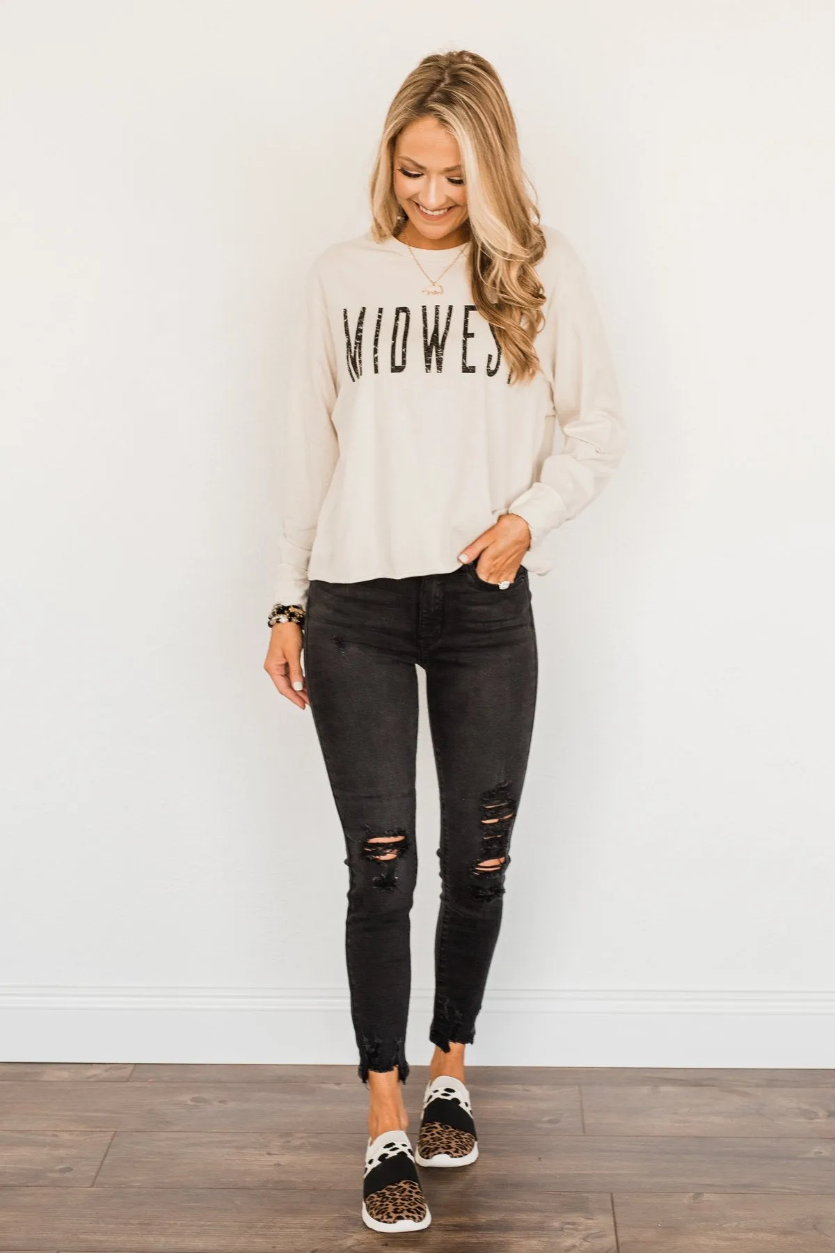 Midwest Raw Hem Graphic Top- Light Beige