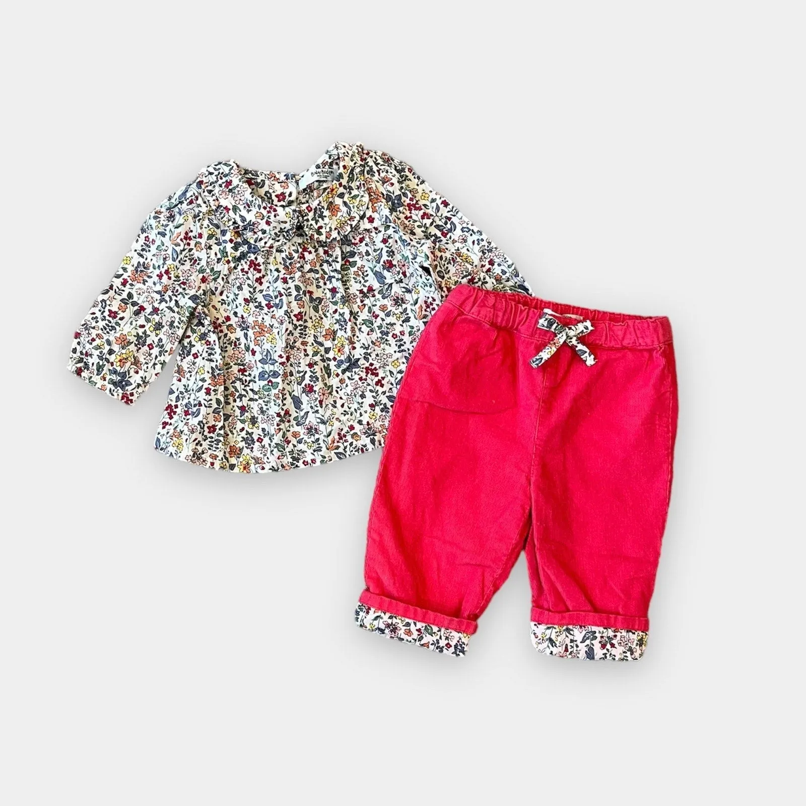 Mini Boden Cozy Pink Corduroy Pants & Floral Blouse 0-3 Months