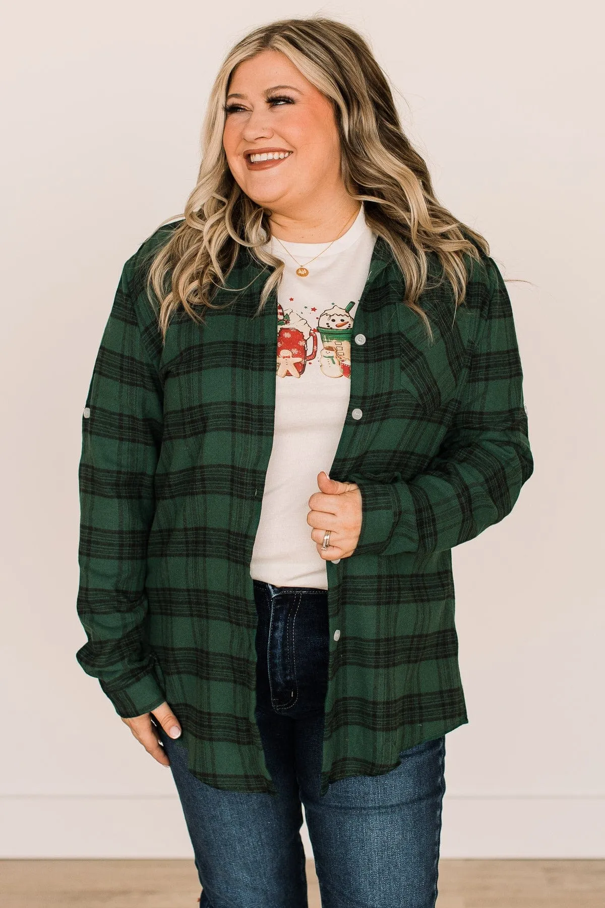 Never Gets Old Plaid Button Top- Hunter Green