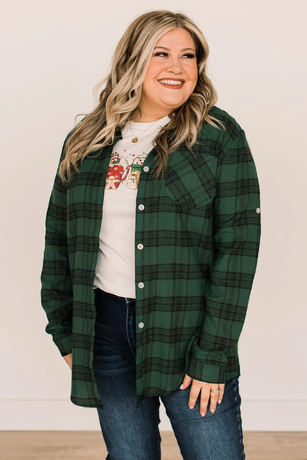 Never Gets Old Plaid Button Top- Hunter Green