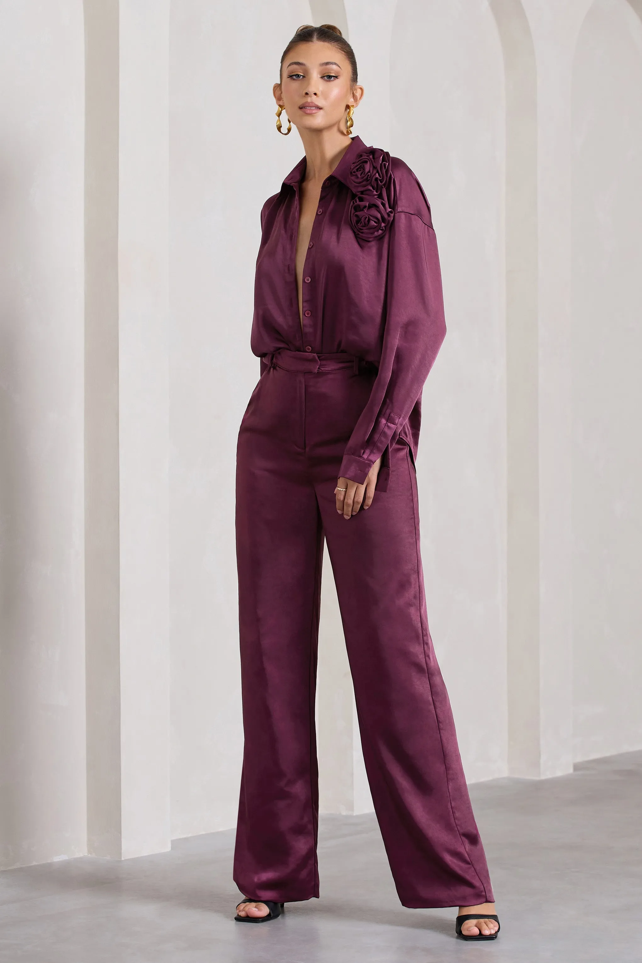 No Limits | Burgundy Satin Wide-Leg Trousers