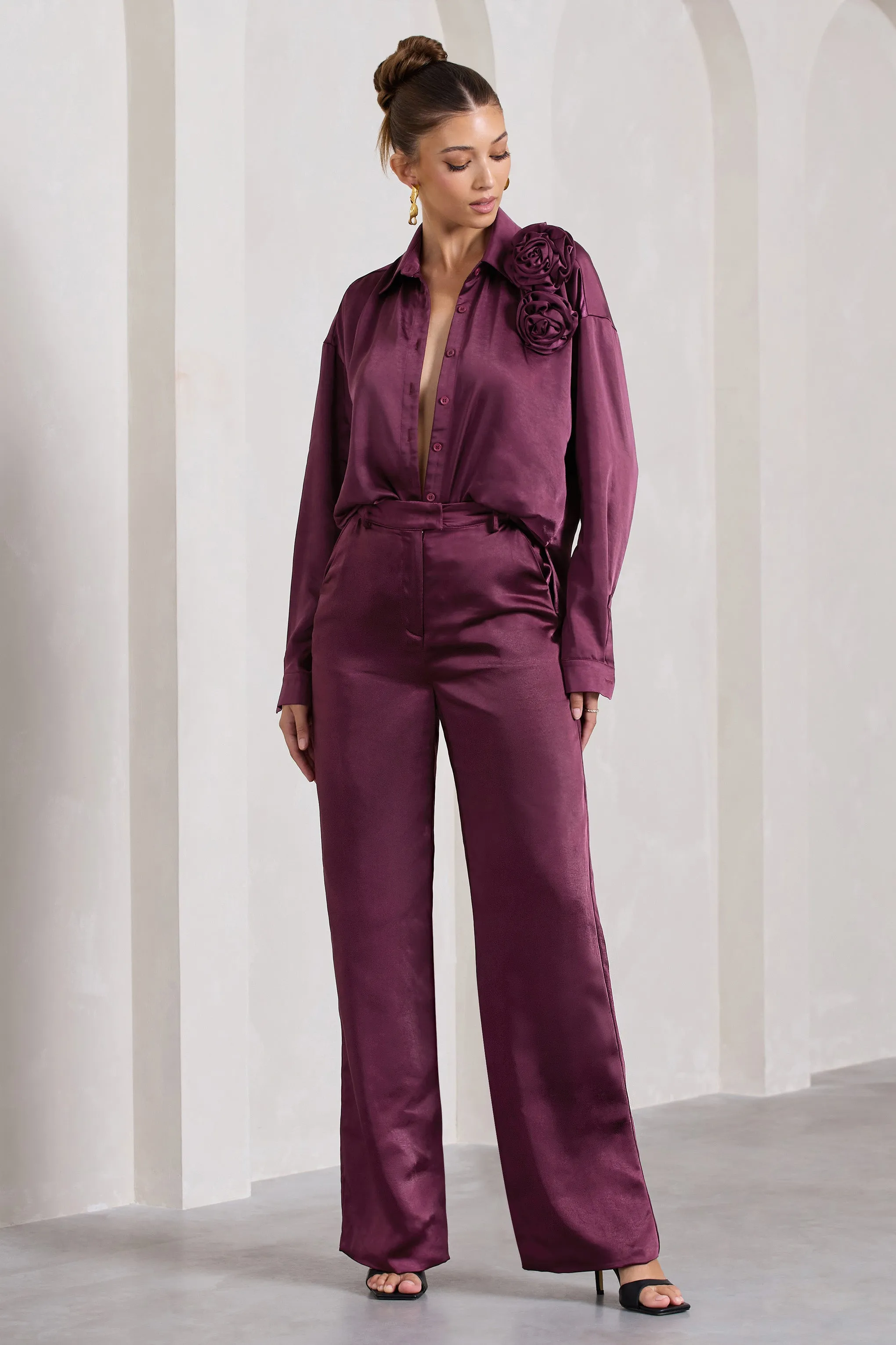 No Limits | Burgundy Satin Wide-Leg Trousers