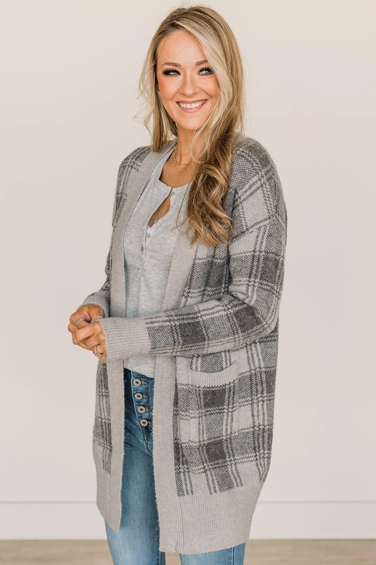 No Surprise Here Plaid Knit Cardigan- Grey