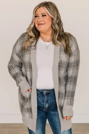 No Surprise Here Plaid Knit Cardigan- Grey