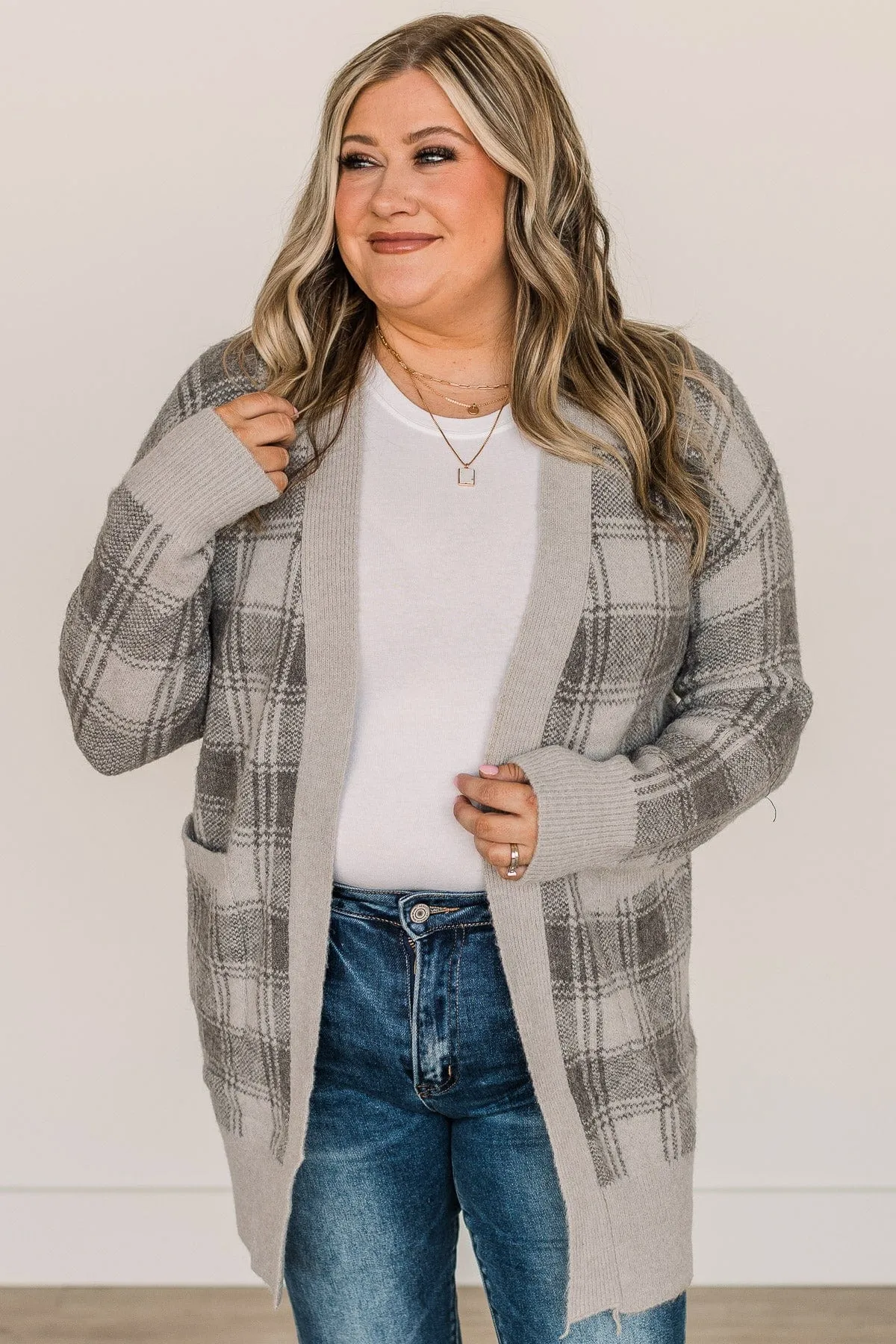 No Surprise Here Plaid Knit Cardigan- Grey