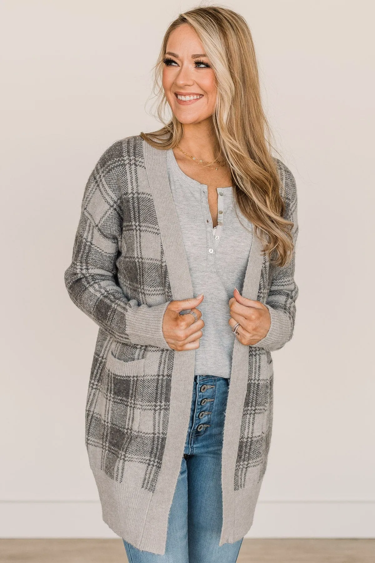 No Surprise Here Plaid Knit Cardigan- Grey