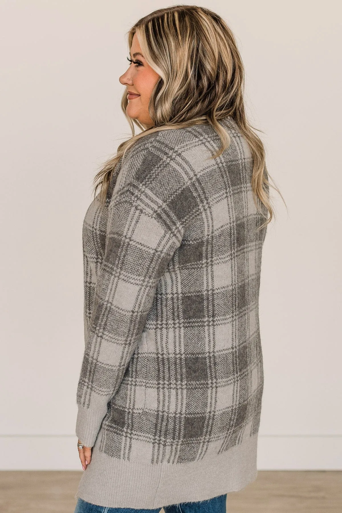 No Surprise Here Plaid Knit Cardigan- Grey