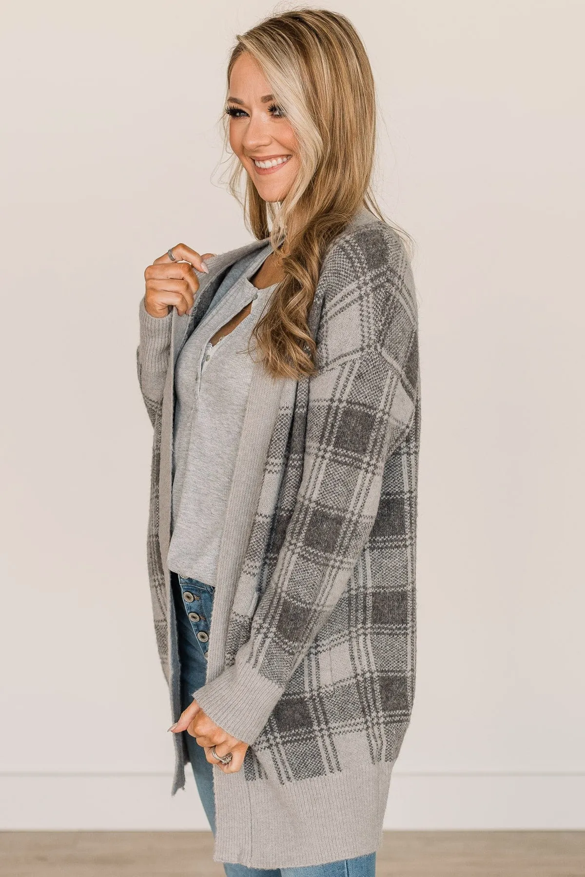 No Surprise Here Plaid Knit Cardigan- Grey