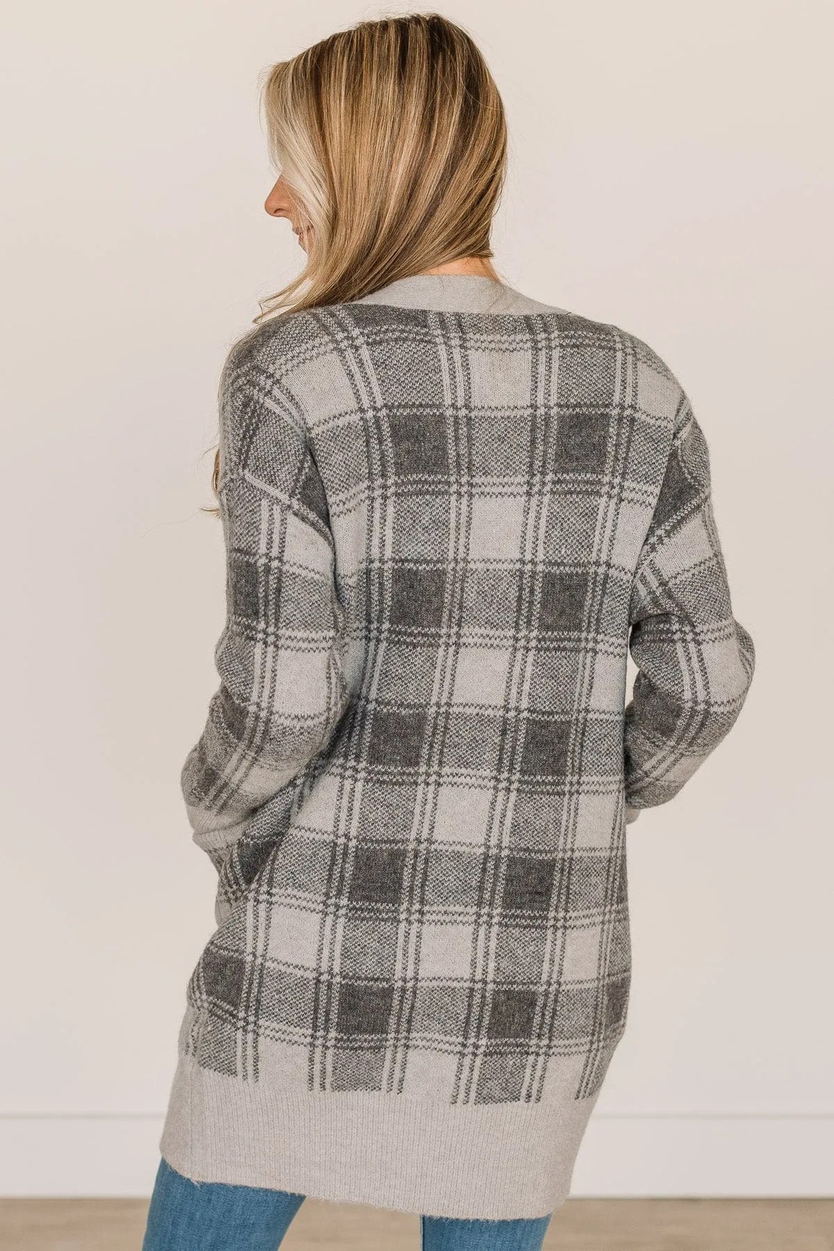 No Surprise Here Plaid Knit Cardigan- Grey