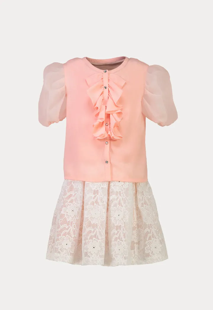 Organza Ruffle Puff Blouse And Pleated Lace Skirts Set