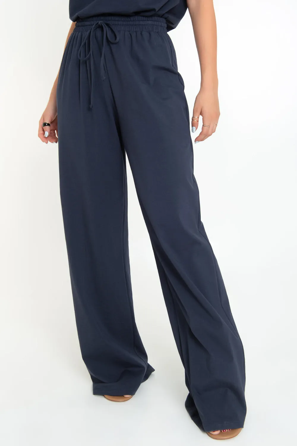 Pantalón wide leg fit cintura alta elástica con jareta