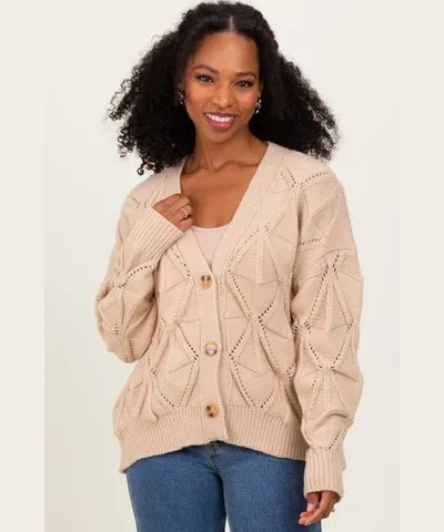 PinkBlush Beige Diamond Knit Button Up Sweater Cardigan