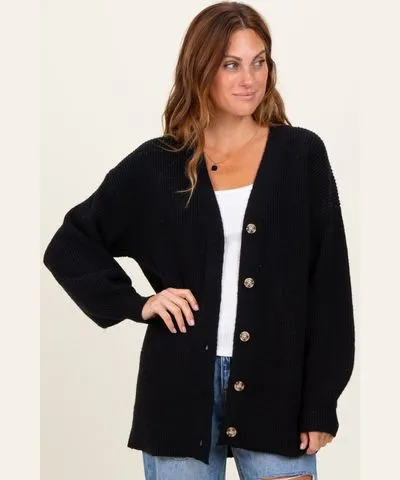 PinkBlush Black Knit Oversized Button Down V-Neck Cardigan