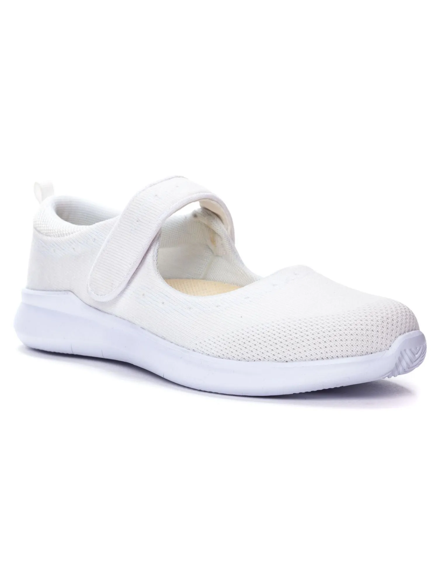 PROPET Womens White Mixed Knit Padded Back Pull-Tab Mary Jane Arch Support Removable Insole Travelbound Round Toe Wedge Sneakers