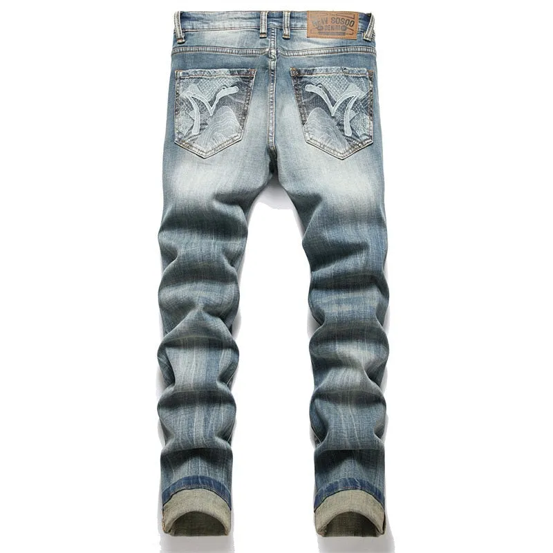 Punk Style Blue Embroidery Slim Stretch Straight Leg Jeans Pants for Men