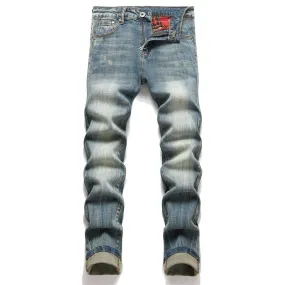 Punk Style Blue Embroidery Slim Stretch Straight Leg Jeans Pants for Men