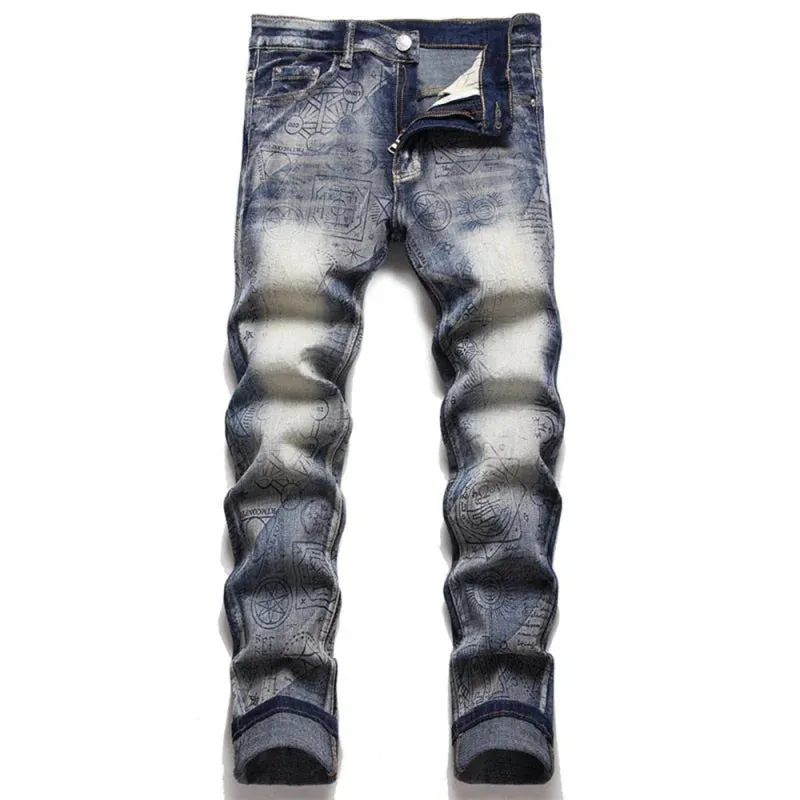 Punk Style Printed Mid-waist Slim Fit Denim Skinny Jeans Pants for Men