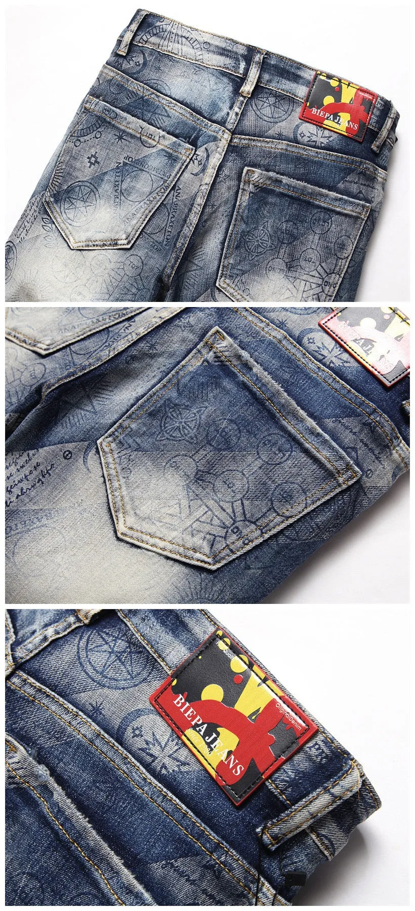 Punk Style Printed Mid-waist Slim Fit Denim Skinny Jeans Pants for Men