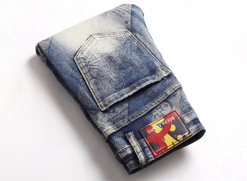 Punk Style Printed Mid-waist Slim Fit Denim Skinny Jeans Pants for Men