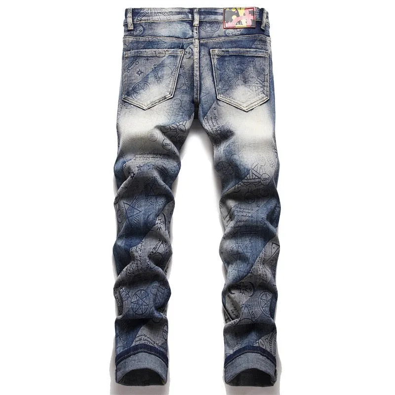 Punk Style Printed Mid-waist Slim Fit Denim Skinny Jeans Pants for Men